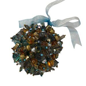 Vintage Handcrafted Multicolor Beaded Push Pin Ornament Ribbon Bow Christmas 4"